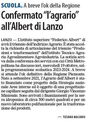 Confermato "l'agrario" all'Albert di Lanzo