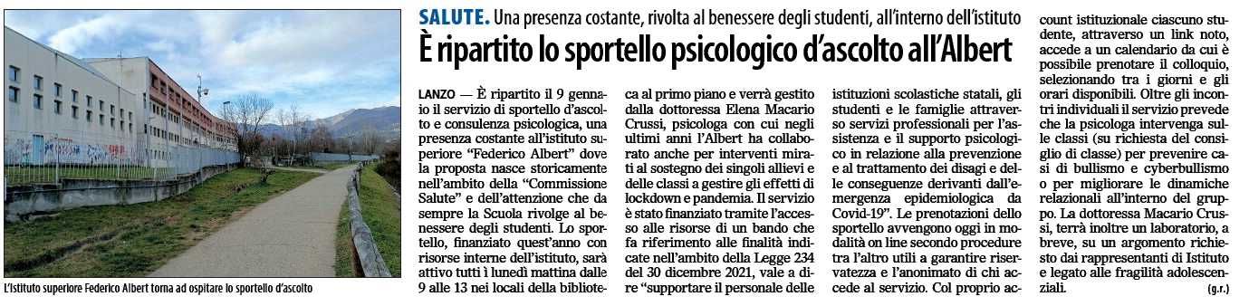 E' ripartito lo sportello psicologico d'ascolto all'Albert