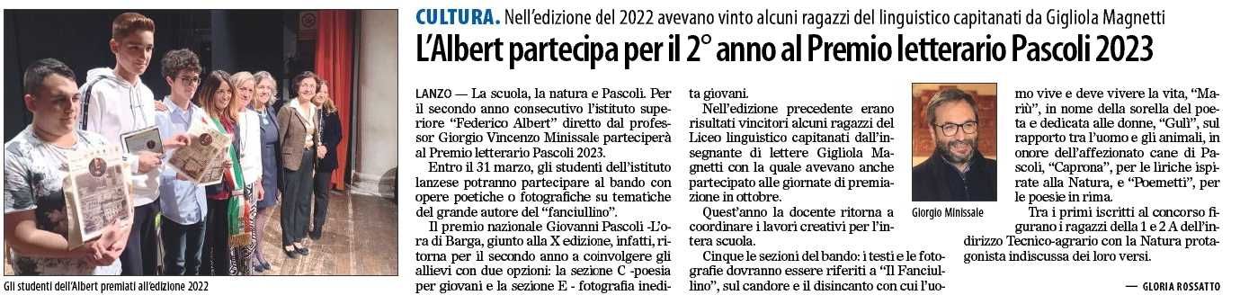 L'Albert partecipa per il 2 anno al premio letterario Pascoli 2023