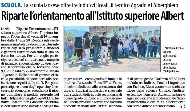 Riparte l'orientamento all'Istituto superiore Albert