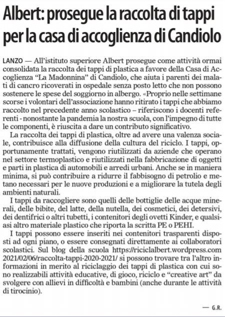 Albert: prosegue la raccolta dei tappi per la casa di accoglienza di Candiolo