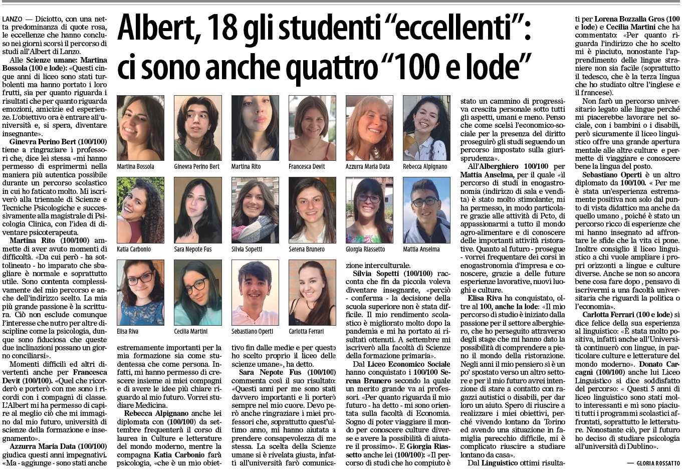 ALBERT, 18 GLI STUDENTI "ECCELLENTI"