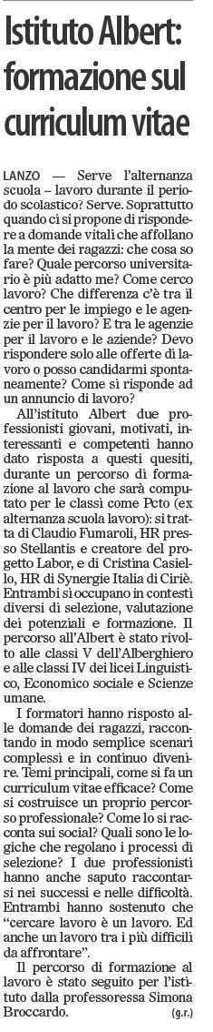 Istituto Albert formazione sul curriculum vitae