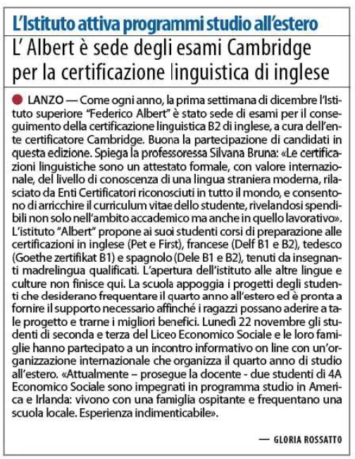 L'Albert è sede degli esami Cambridge per la certificazione linguistica di inglese