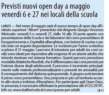 Previsti nuovi open day a maggio venerdì 6 e 27 nei locali della scuola