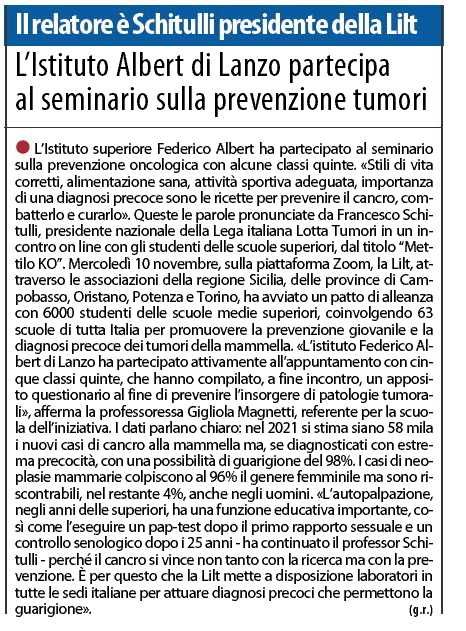 L'Istituto Albert di Lanzo partecipa al seminario sulla prevenzione tumori